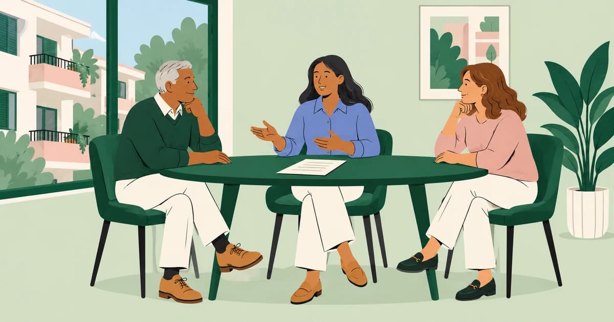 A strata manager and two committee members discuss maintenance around a green table beside a window overlooking apartments.